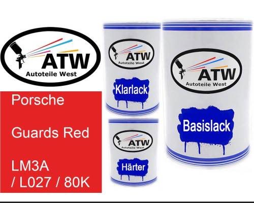 Porsche, Guards Red, LM3A / L027 / 80K: 500ml Lackdose + 500ml Klarlack + 250ml Härter - Set, von ATW Autoteile West.